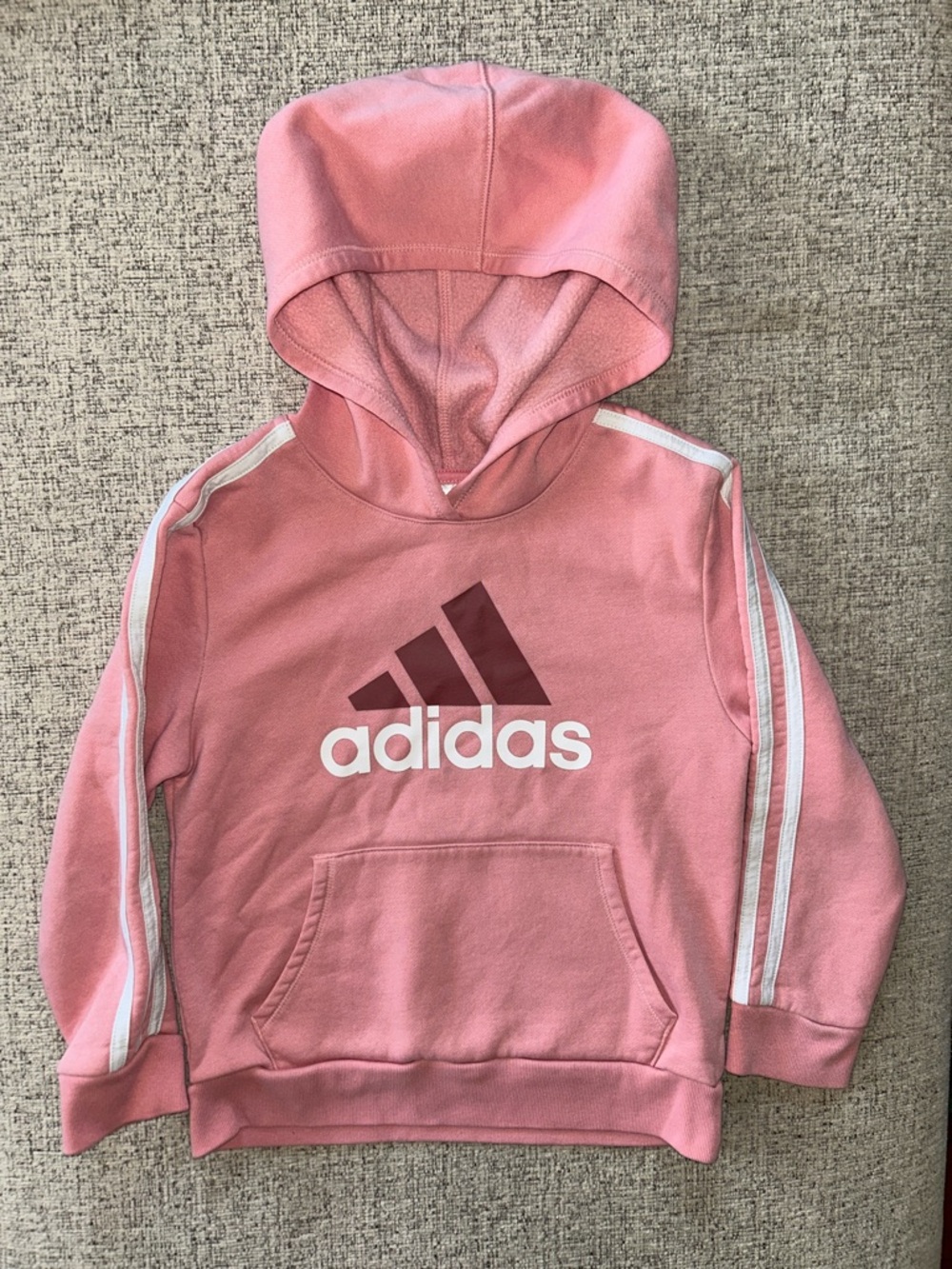 adidas Pink Hooded Sweatshirt with Maroon Logo and White Stripes